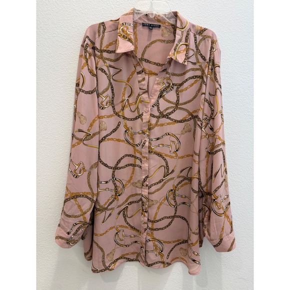 Como Black Tops - Como‎ Black Womens 3X Pink Chain Print Button Up Blouse Equestrian Tassel Bits